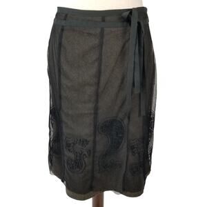 OXMO Black Brown Lace Mesh Embroidered Overlay Skirt lined Lovely Size 36